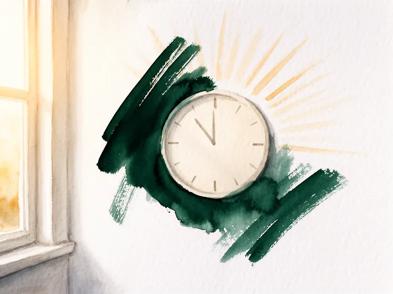 Akvarel-illustration af en cirkel med stråler der symboliserer kroppens døgnrytme