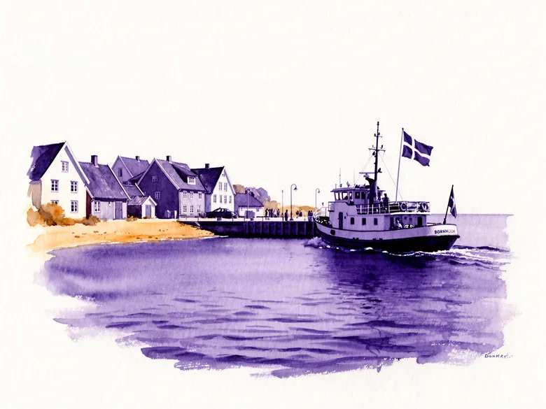 Akvarel af lille færge der forlader Bornholm-havn med fiskerhuse