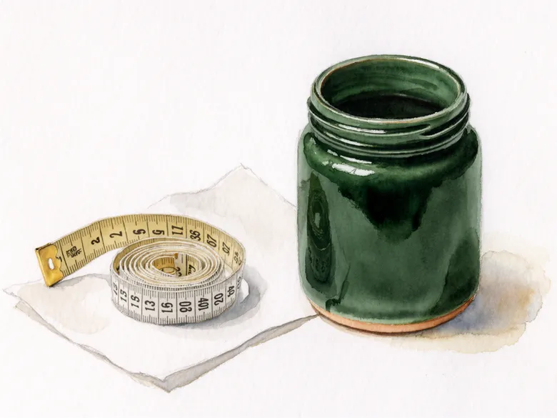 Akvarel af målebånd og tom creme-krukke