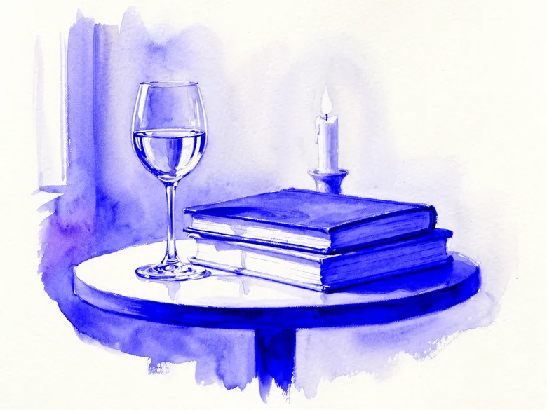 Akvarel af bogstable og vinglas