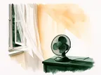 Akvarel af ventilator ved sengebord og åbent vindue