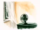 Akvarel af ventilator ved sengebord og åbent vindue