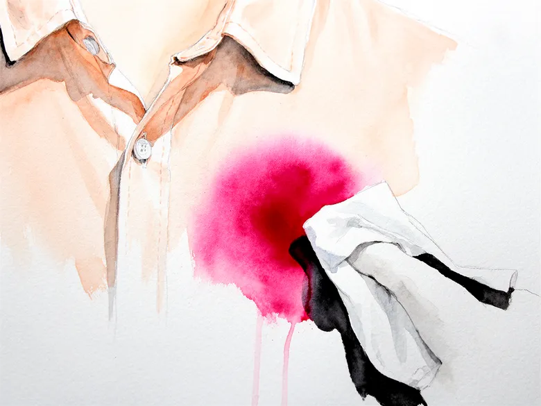 Akvarel af en skjorte med rødvinsplet og klud