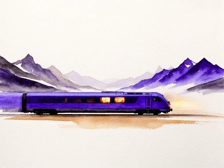 Akvarel af natog gennem alperne