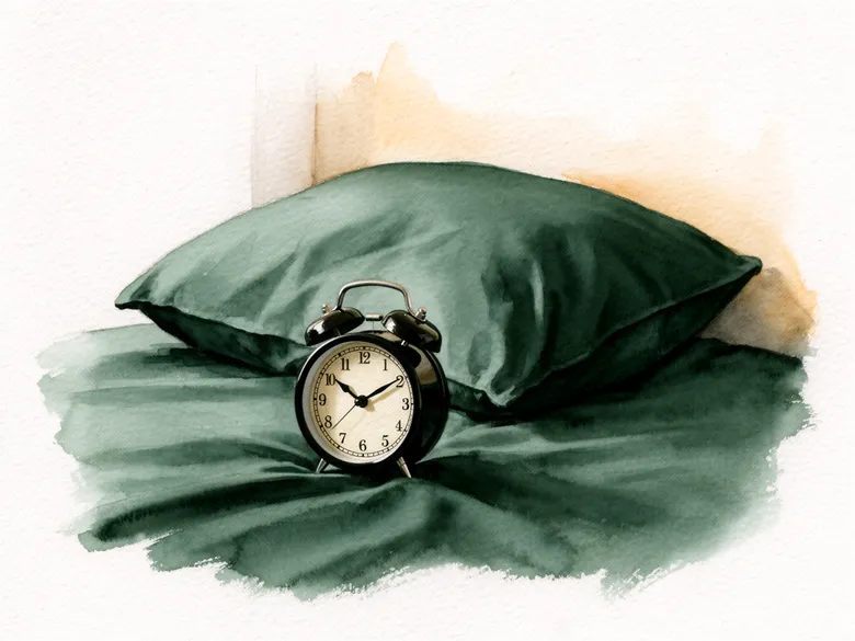 Akvarel af et vækkeur ved en pude — 25 minutters lur