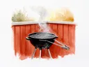 Akvarel af kul-grill i baghave med tang og tynd røg