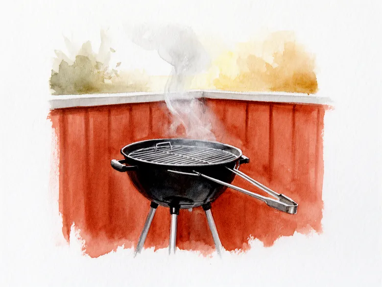 Akvarel af kul-grill i baghave med tang og tynd røg