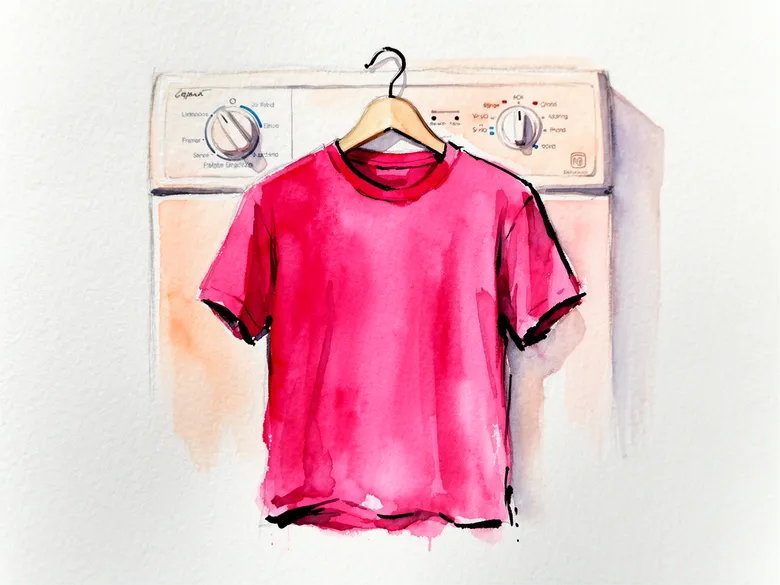 Akvarel af t-shirt på bøjle ved vaskemaskine