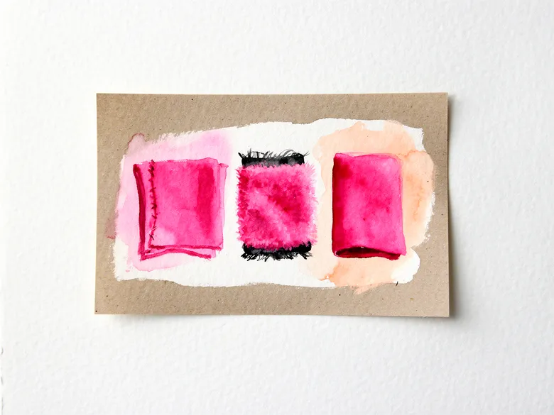 Akvarel af stofstykker i hør, uld og polyester