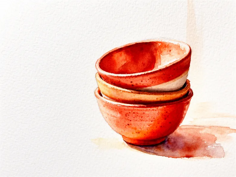 Akvarel af syv små grødskåle