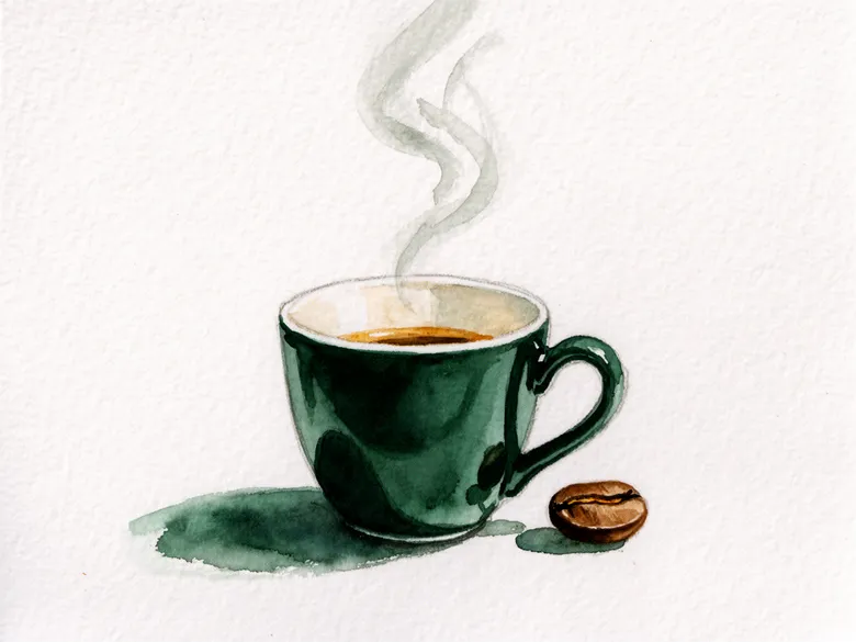 Akvarel af en espressokop med damp