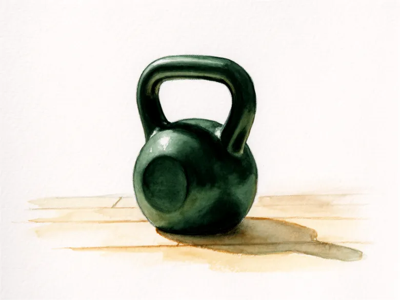 Akvarel af en kettlebell på trægulv