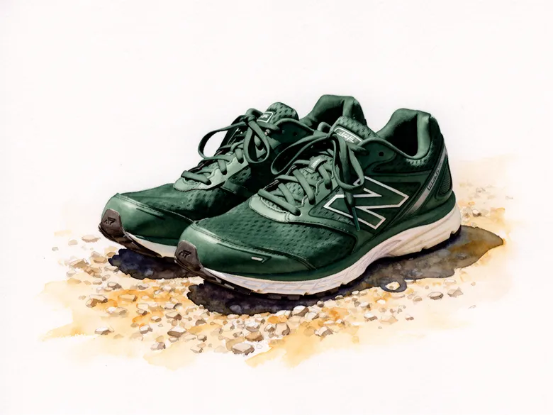 Akvarel af løbesko på grussti