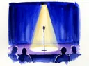 Akvarel af mikrofon i spotlight på lille scene