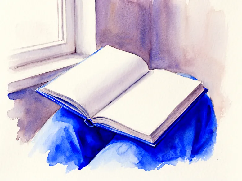 Akvarel af en opslået digtsamling