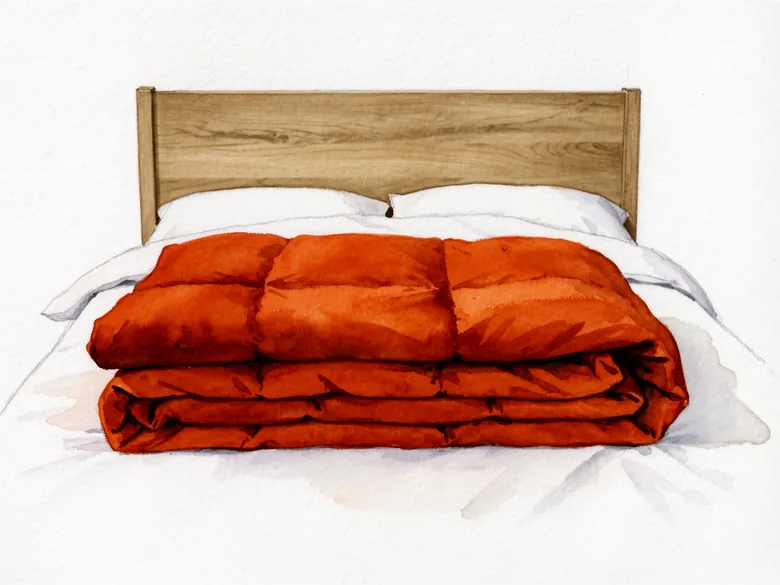 Akvarel af foldet dyne på seng