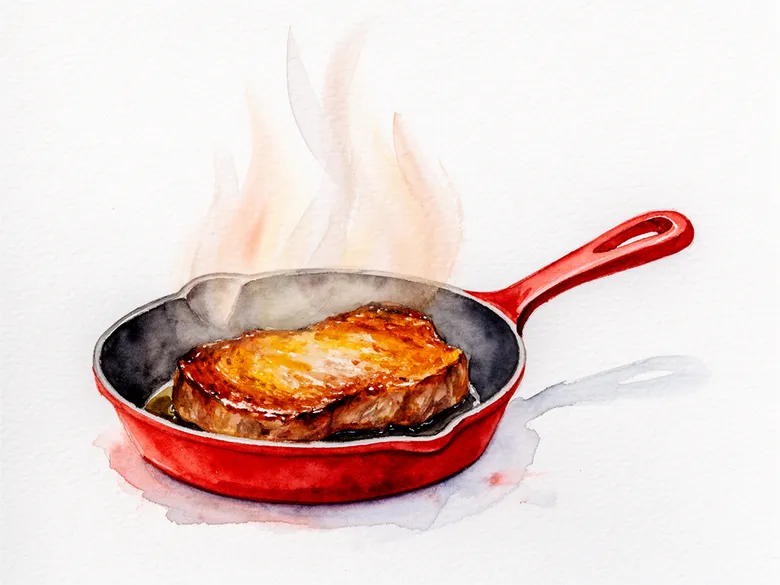 Akvarel af en brunet bøf i støbejernspande