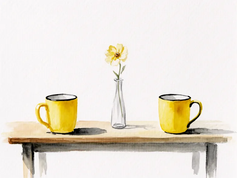 Akvarel af to kaffekrus med vase imellem