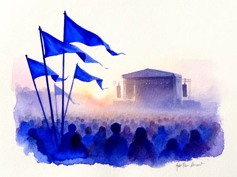 Akvarel af festivalflag og scene-silhuet med folkemængde