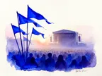 Akvarel af festivalflag og scene-silhuet med folkemængde