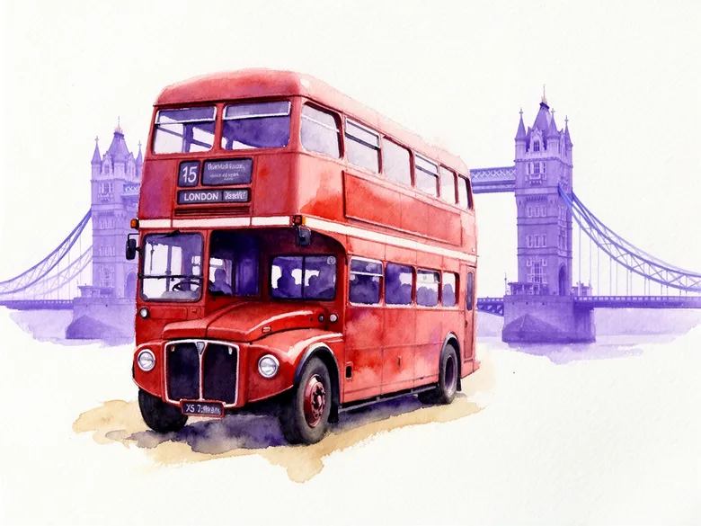 Akvarel af dobbeltdækkerbus og London