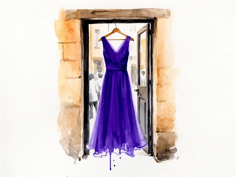Akvarel af vintage kjole i italiensk butiksdør