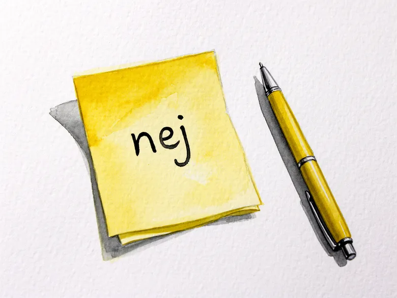 Akvarel af papirnote med teksten nej og pen