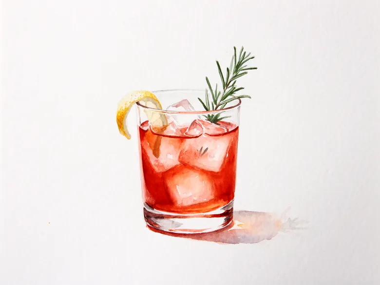 Akvarel af en alkoholfri drink med rosmarin og citron