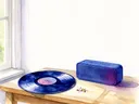 Akvarel af vinylplade og højttaler på bord