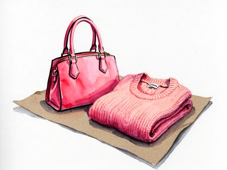 Akvarel af brugt taske og strik