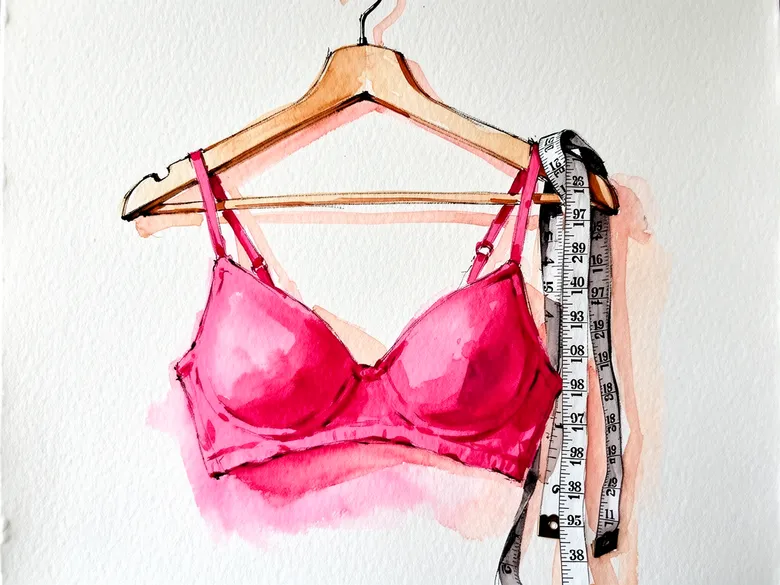 Akvarel af BH på bøjle med målebånd
