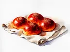 Akvarel af fire burgerboller med sesam
