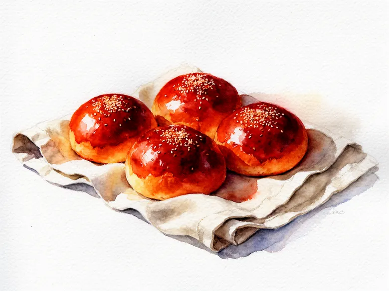 Akvarel af fire burgerboller med sesam