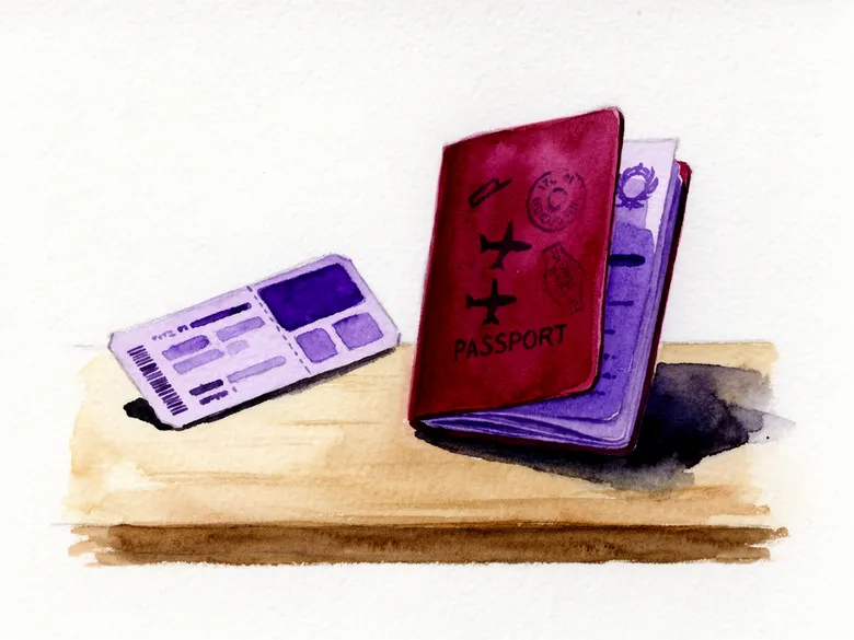 Akvarel af pas og flybillet på et skrivebord